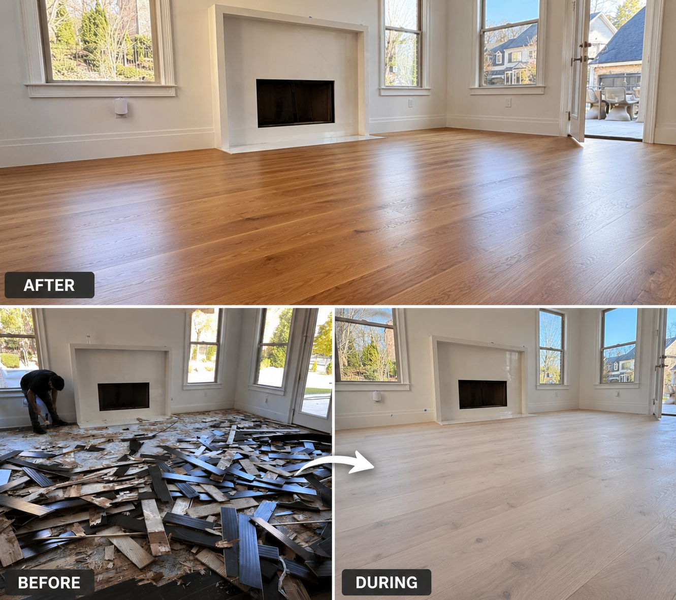Refinish hardwood floors Atlanta project showing dramatic before and after results
