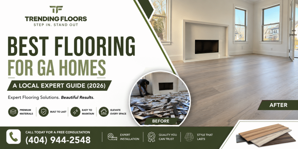 Best Flooring for Atlanta GA Homes: A Local Expert Guide (2026) 8 Best Flooring for Atlanta GA Homes featuring before and after flooring installation by Trending Floors with modern hardwood flooring.