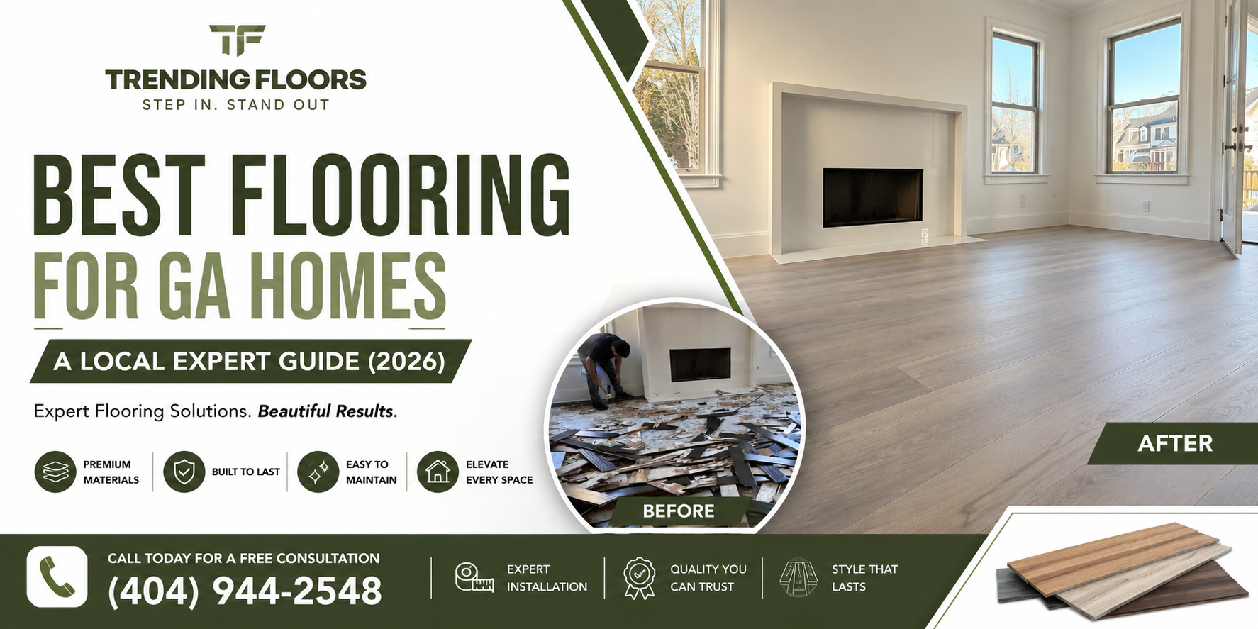Best Flooring for Atlanta GA Homes featuring before and after flooring installation by Trending Floors with modern hardwood flooring.