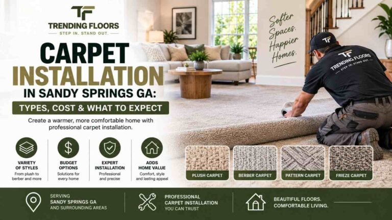Professional carpet installation in Sandy Springs GA with premium residential carpet flooring by Trending Floors.