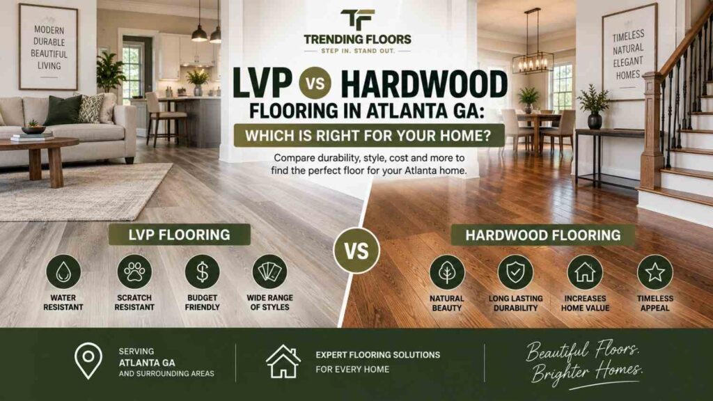 LVP vs Hardwood Flooring in Atlanta GA: Which Is Right for Your Home? 2 LVP vs hardwood flooring comparison in a modern Atlanta home by Trending Floors.