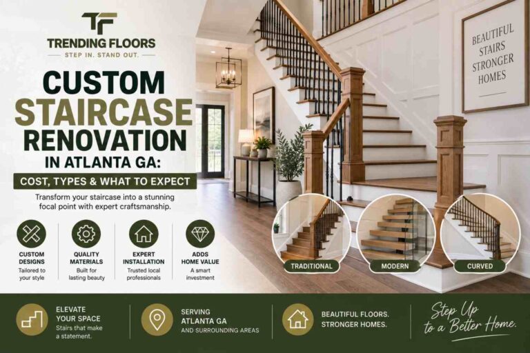 custom staircase renovation Atlanta GA before after carpet to hardwood treads