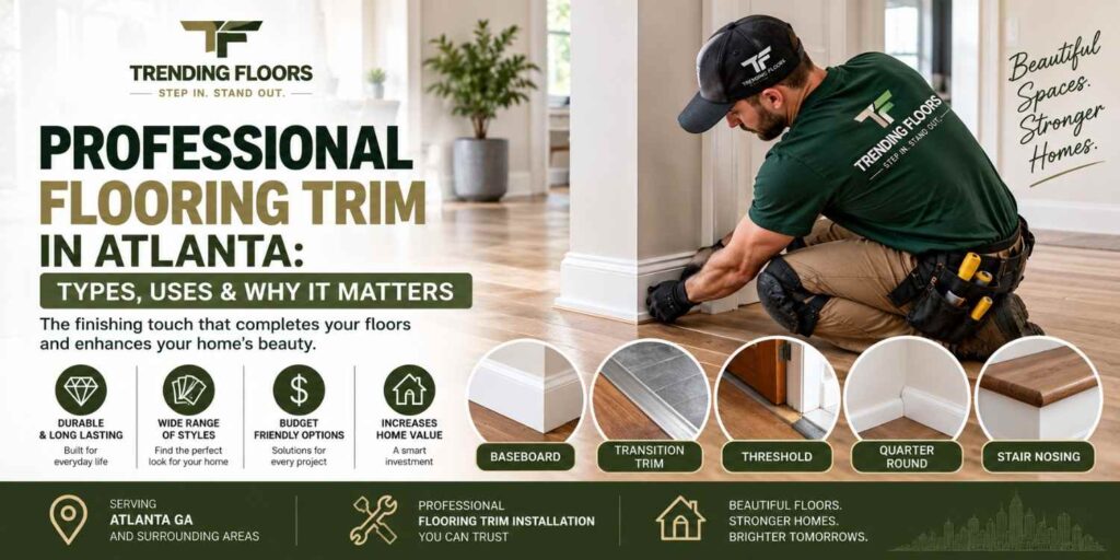 Professional Flooring Trim in Atlanta: Types, Uses & Why It Matters 1 Professional flooring trim installation showing T-molding transition between hardwood and tile in Atlanta home