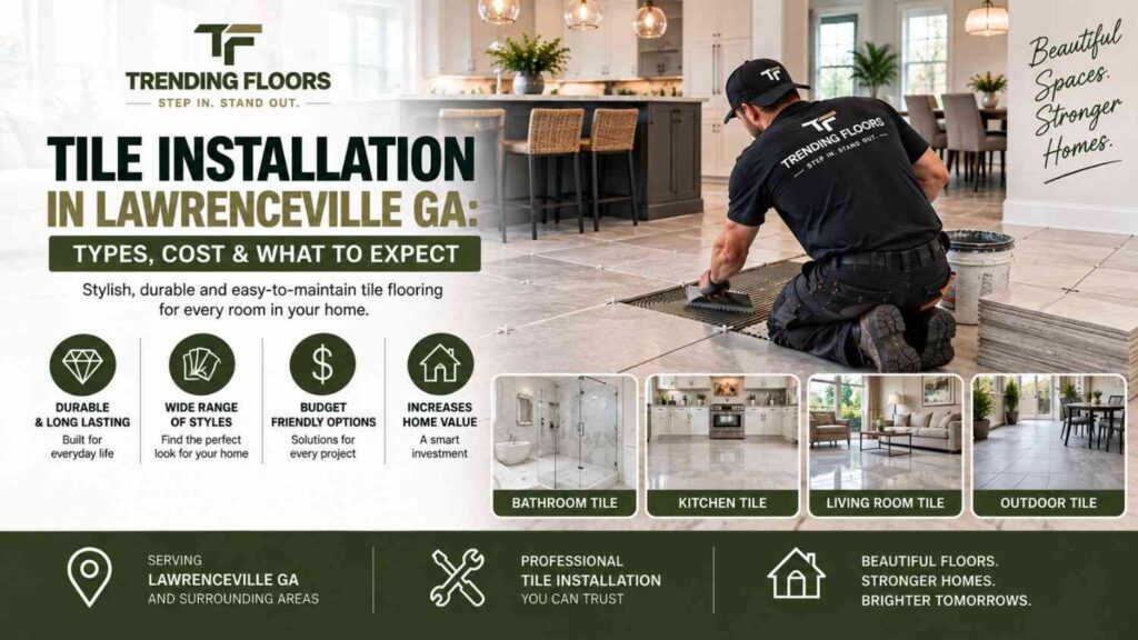 Tile Installation in Lawrenceville GA: Types, Cost & What to Expect 1 Professional tile installation in Lawrenceville GA with premium ceramic and porcelain tile flooring by Trending Floors.